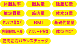 タニタプロデュース「フィッツミー」体脂肪率、脂肪量、除脂肪量、推定骨量、筋肉量、体水分量、タンパク質、BMI、基礎代謝量、内脂肪レベル、アスリート指数、体型判定、筋肉左右バランスチェック